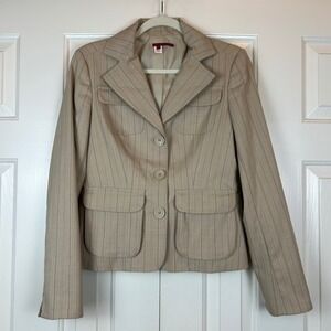 Y2K Tapemeasure Womens Tan Pinstripe 3-Button Blazer Jacket Size 4 Pockets Lined